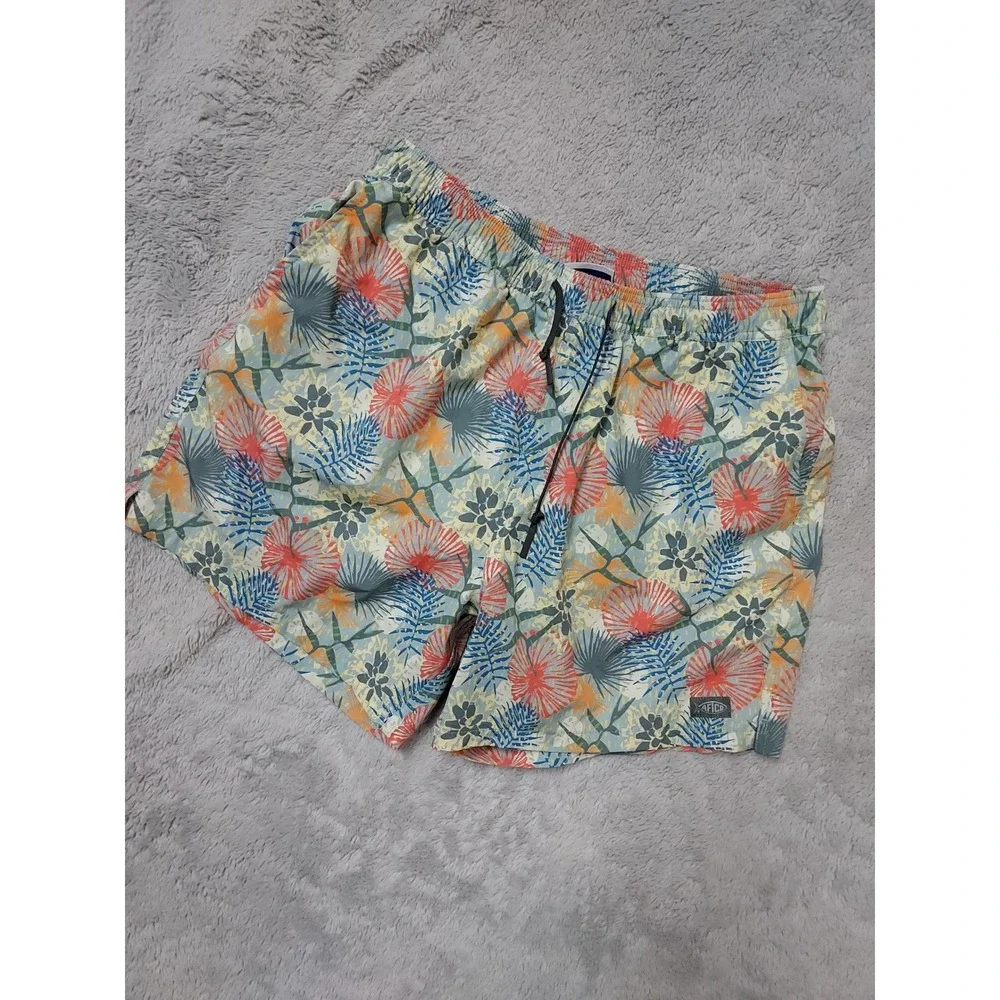 Aftco Swim Trunks Mens Large Floral Fishing Drawstring Lined Elastic Waist Fish